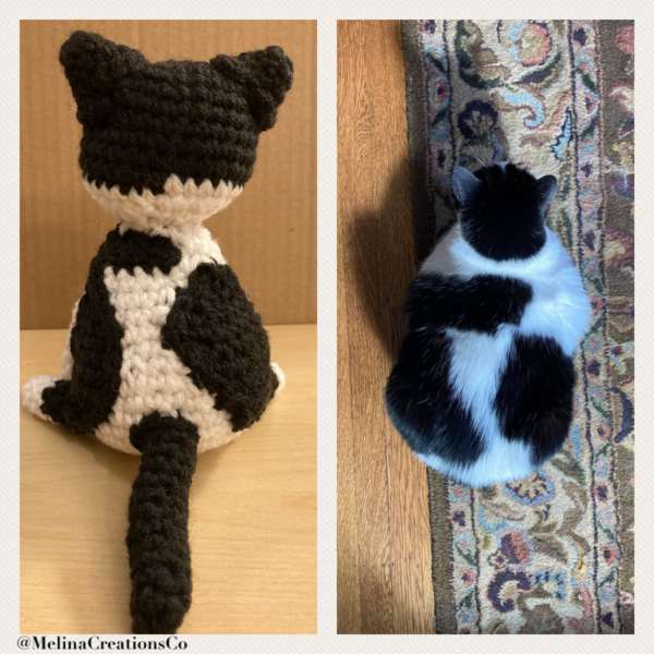 Side-by-side crochet and real cat back