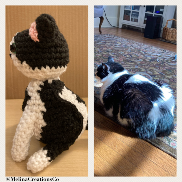Side-by-side crochet and real cat side