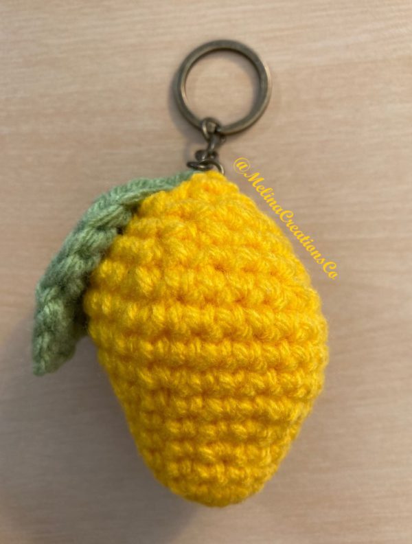 Back of custom crochet mango keychain
