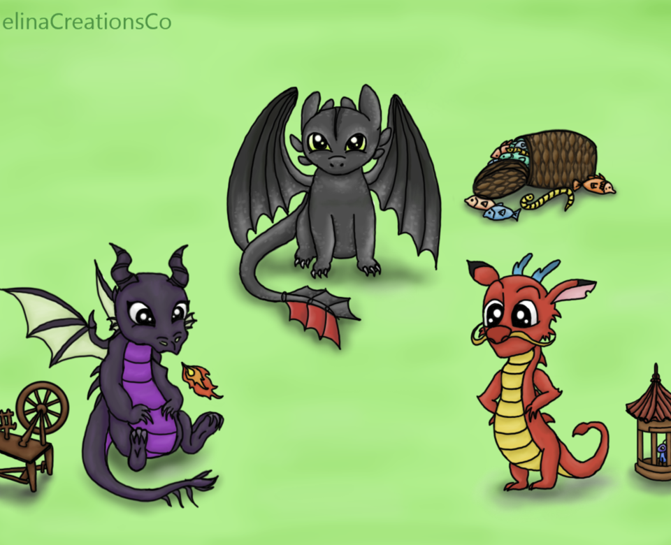 Drawing of Toothless, Maleficent, and Mushu