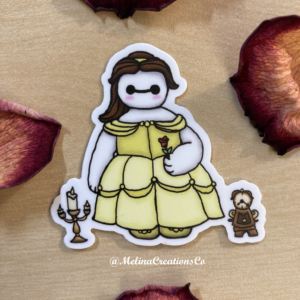 Sticker of Baymax dressed as Belle with rose petals